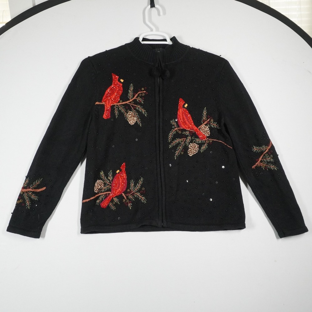 VTG Tiara Int. Zip Cardigan Women M Black Cardinal Bird Sequin Beaded Christmas